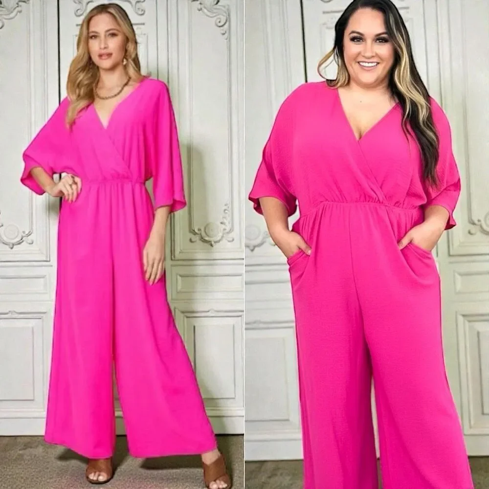 Hot Pink Surplice Wide Leg Dolman Sleeve Jumpsuit with Pockets NWT - Picture 3 of 14